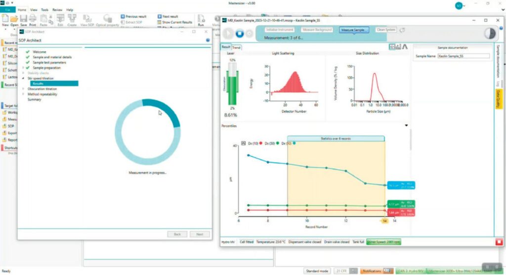 Malvern Panalytical Mastersizer 3000+ MS Xplorer ohjelma. Kuvassa mittaus käyttäen apuna SOP Architect ohjelmaa.